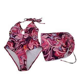 Women's Pink Multicolored 2 piece bathing suit and ruched over skirt 2XL